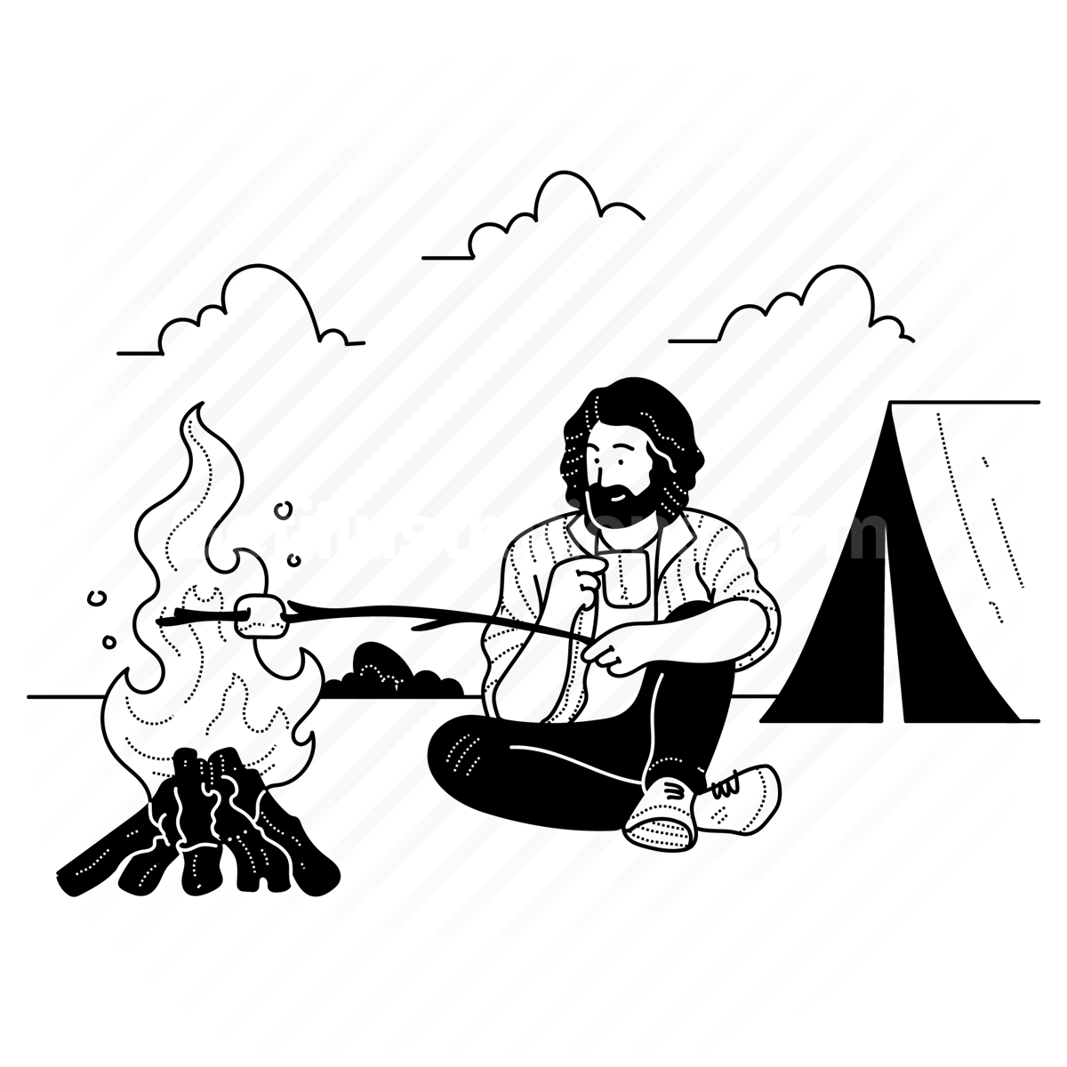 camping, camp, campfire, tent, outdoors, activity, marshmellow, man